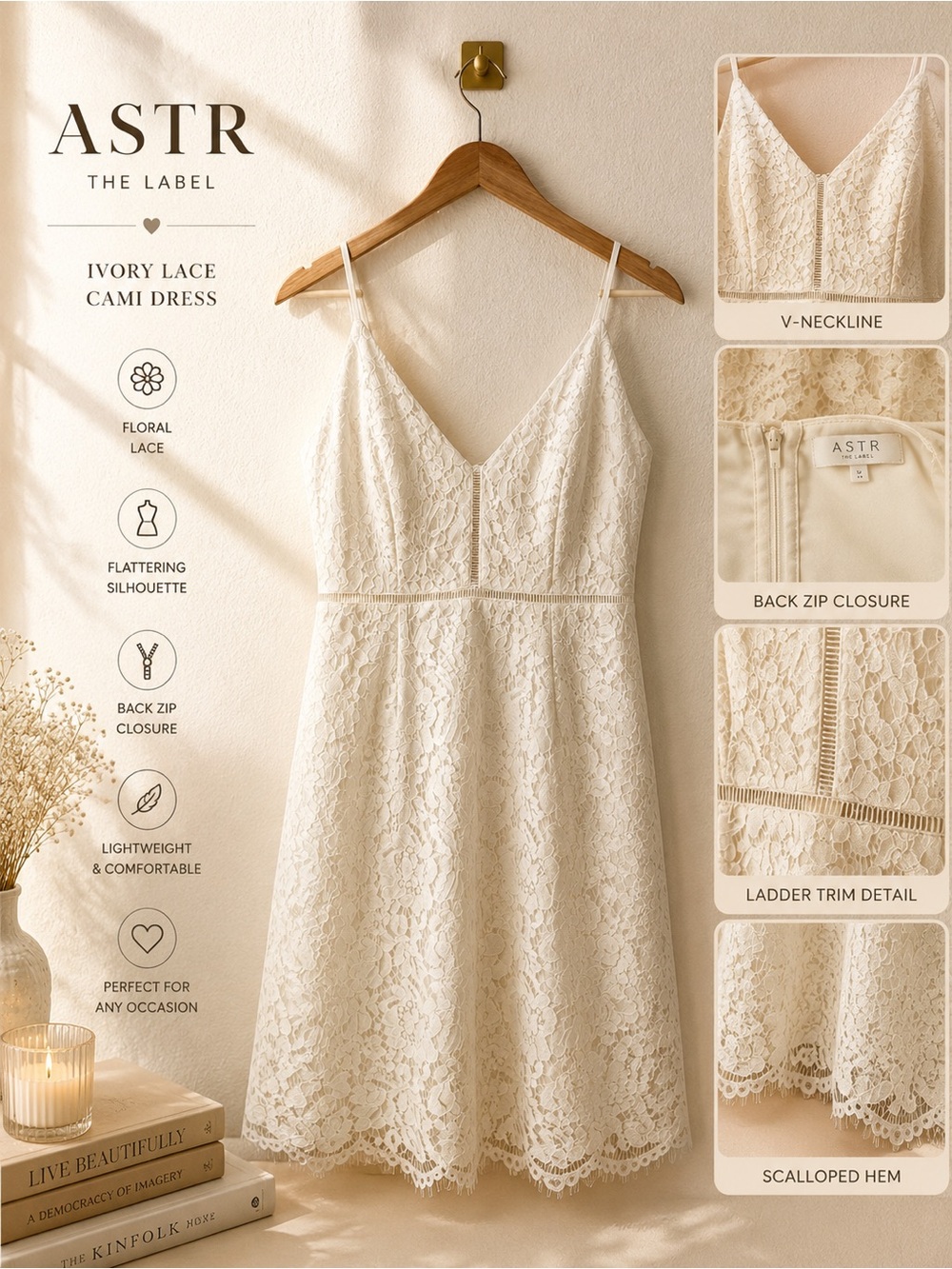 ASTR The Label White Floral Lace V-Neck Midi Slip Dress Adjustable Straps M